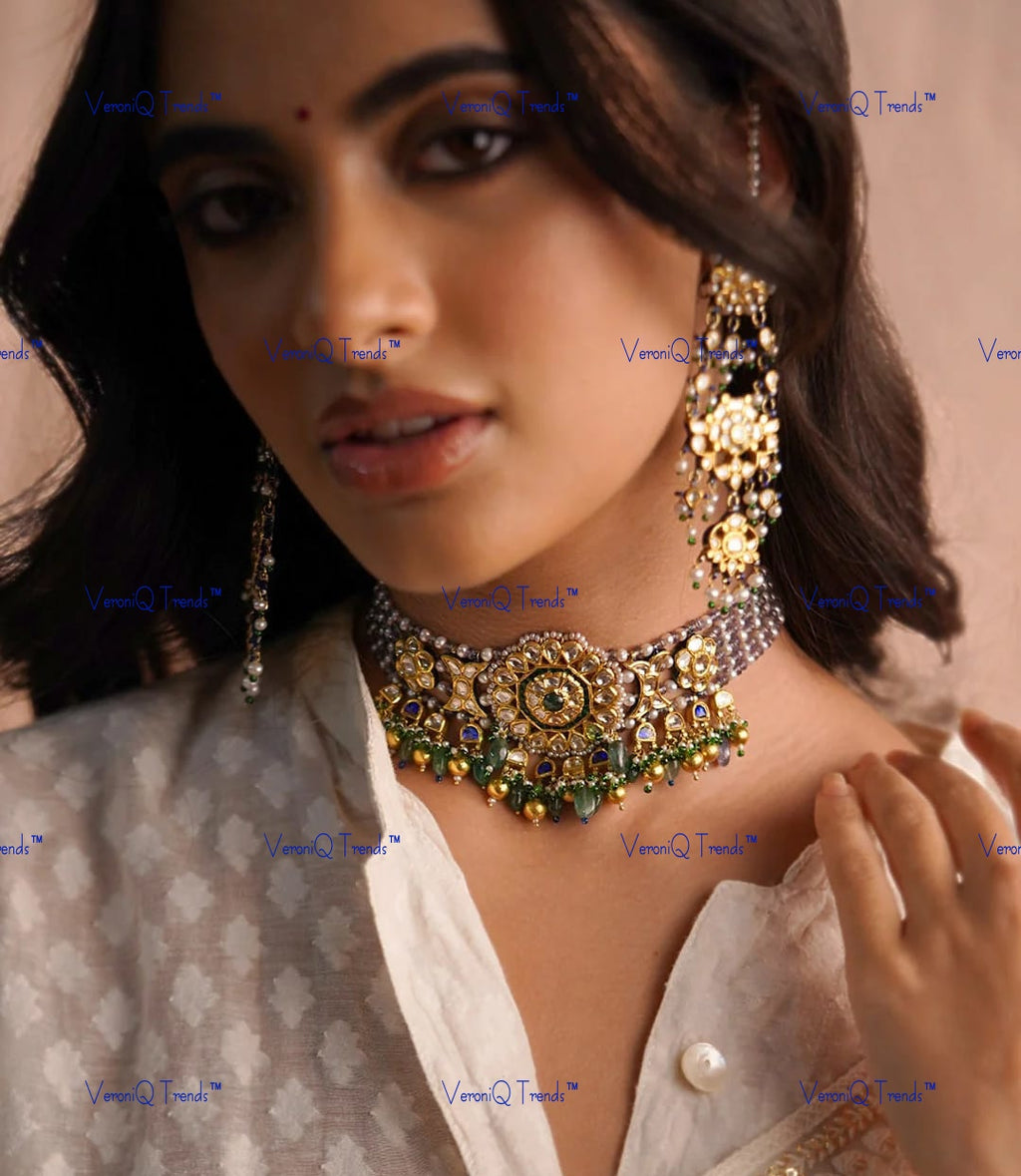 VeroniQ Trends-Gold Plated Multistrand Beaded Pachi Kemp Stone Choker Necklace With Green Beads Pachi Kundan-Gold Plated-Wedding Jewellery-Punjabi Jewellery-South Indian-Thappa Jewellery