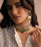 VeroniQ Trends-Gold Plated Multistrand Beaded Pachi Kemp Stone Choker Necklace With Green Beads Pachi Kundan-Gold Plated-Wedding Jewelry-Punjabi Jewelry-South Indian-Thappa Jewelry