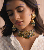 VeroniQ Trends-Gold Plated Multistrand Beaded Pachi Kemp Stone Choker Necklace With Green Beads Pachi Kundan-Gold Plated-Wedding Jewelry-Punjabi Jewelry-South Indian-Thappa Jewelry
