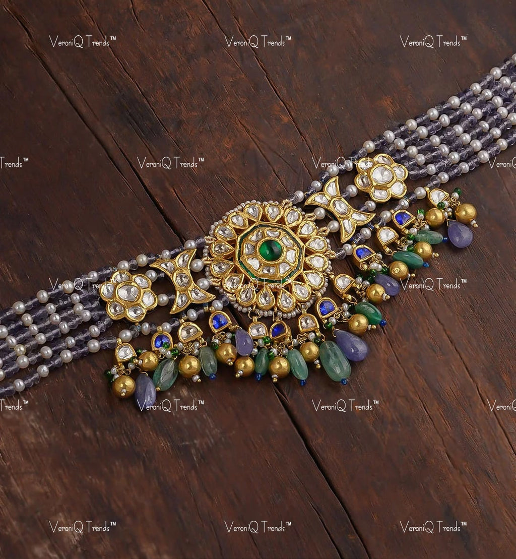 VeroniQ Trends-Gold Plated Multistrand Beaded Pachi Kemp Stone Choker Necklace With Green Beads Pachi Kundan-Gold Plated-Wedding Jewellery-Punjabi Jewellery-South Indian-Thappa Jewellery