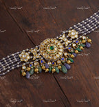 VeroniQ Trends-Gold Plated Multistrand Beaded Pachi Kemp Stone Choker Necklace With Green Beads Pachi Kundan-Gold Plated-Wedding Jewelry-Punjabi Jewelry-South Indian-Thappa Jewelry