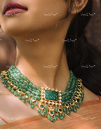 VeroniQ Trends-Multistrand Green Beaded Pachi Choker Necklace With Green Stone Pendant Pachi Kundan-Gold Plated-Wedding Jewelry-Punjabi Jewelry-South Indian-Thappa Jewelry