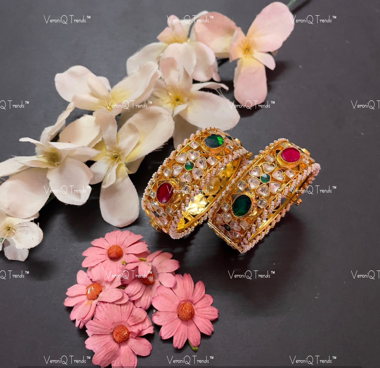 VeroniQ Trends-Navratan Gold Plated Pachi Kundan Bangles Kundan-Gold Plated-Wedding Jewellery-Punjabi Jewellery-South Indian-Thappa Jewellery