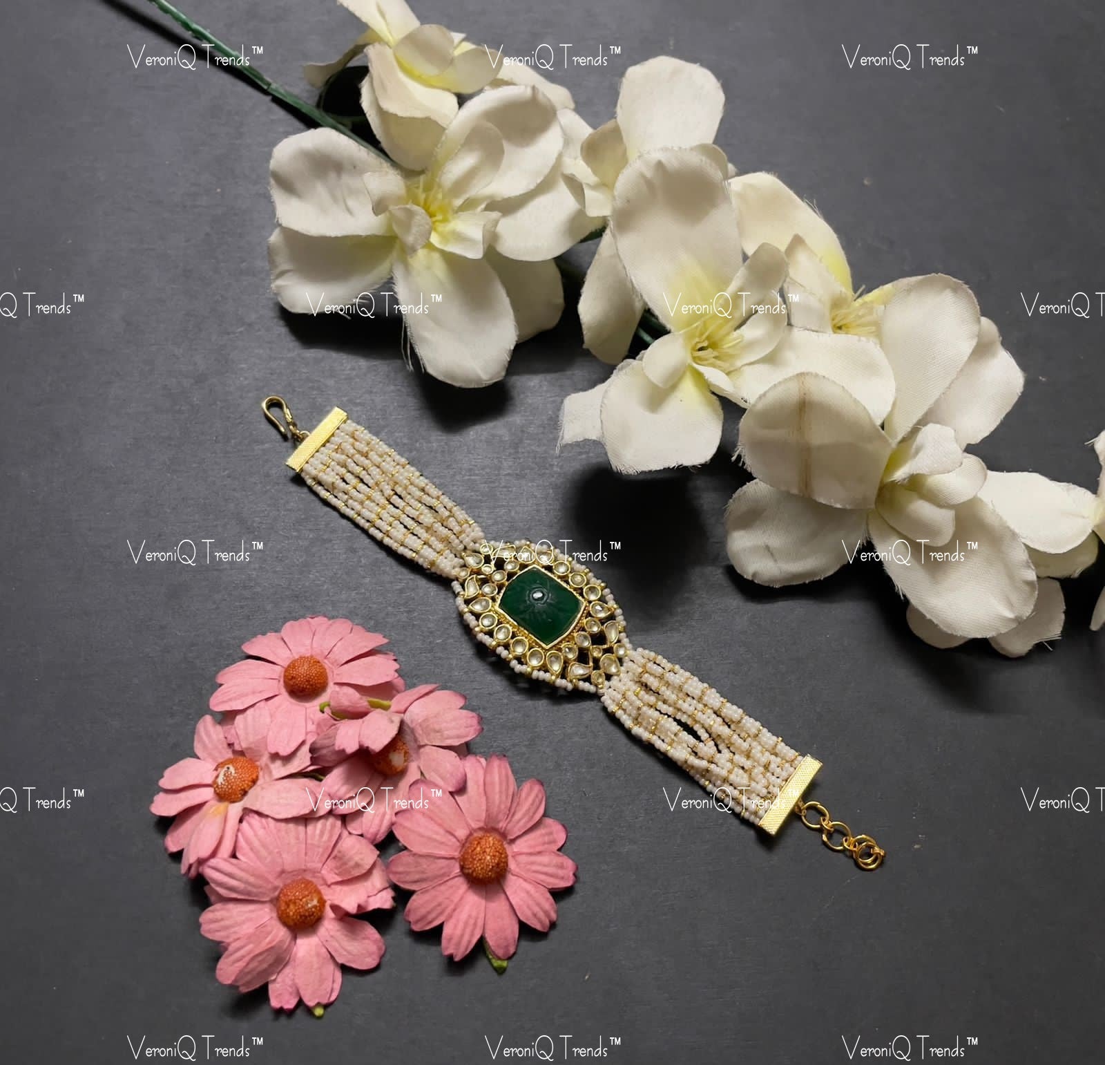 VeroniQ Trends-Multistrand Green Stone Gold Plated Pachi Kundan Bracelet Kundan-Gold Plated-Wedding Jewellery-Punjabi Jewellery-South Indian-Thappa Jewellery