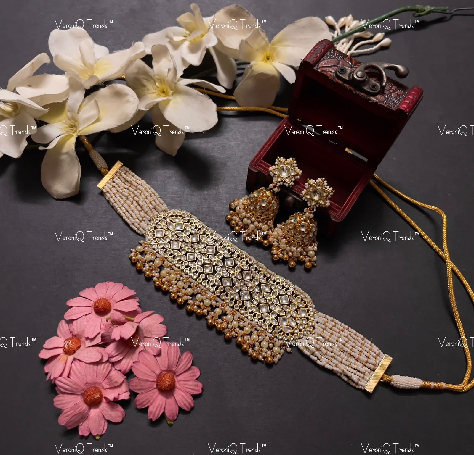 VeroniQ Trends-Traditional Multistrand Kundan Jadau Gold Plated Pachi Kundan Choker Necklace Kundan-Gold Plated-Wedding Jewellery-Punjabi Jewellery-South Indian-Thappa Jewellery