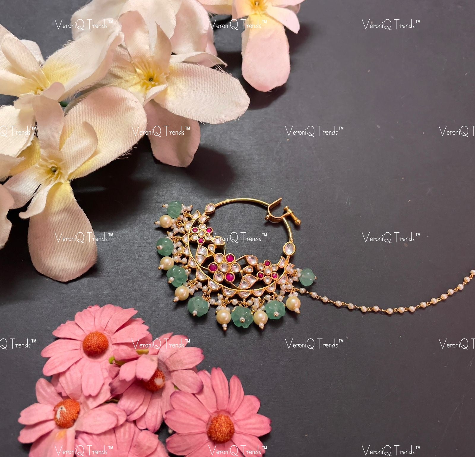 VeroniQ Trends-Kemp Stone with Beads Gold Plated Pachi Kundan Nath Kundan-Gold Plated-Wedding Jewellery-Punjabi Jewellery-South Indian-Thappa Jewellery