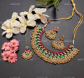 VeroniQ Trends-Traditional Gold Plated Kemp Stone Pachi Kundan Necklace With Earrings And Maang Tika Pachi Kundan-Gold Plated-Wedding Jewellery-Punjabi Jewellery-South Indian-Thappa Jewellery