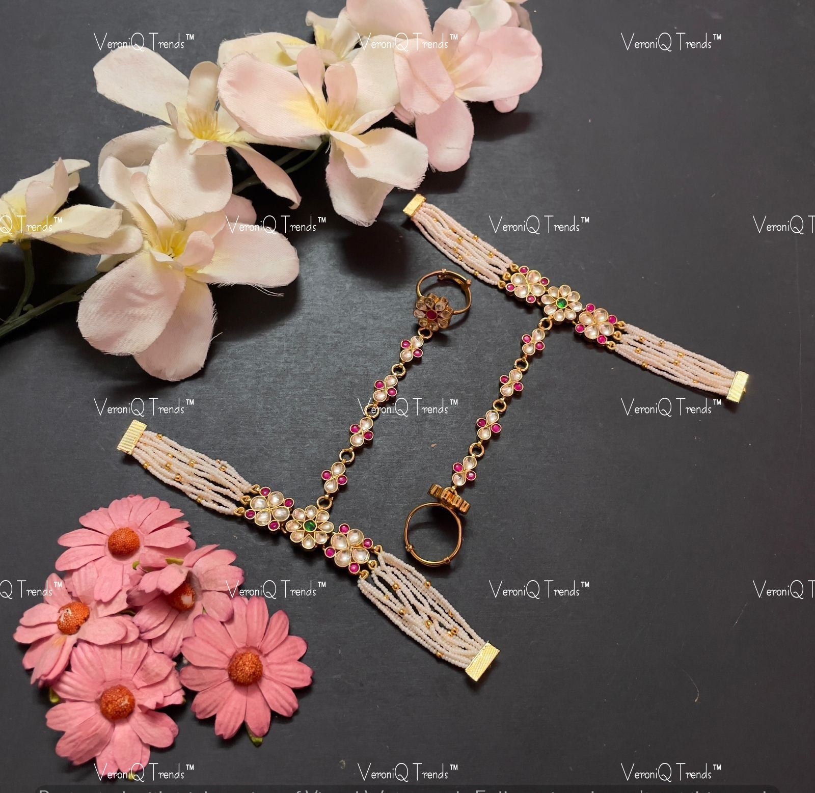 VeroniQ Trends-Multistrand Beaded Gold Plated Kemp Stone Pachi Kundan Haath Phool Pachi Kundan-Gold Plated-Wedding Jewellery-Punjabi Jewellery-South Indian-Thappa Jewellery
