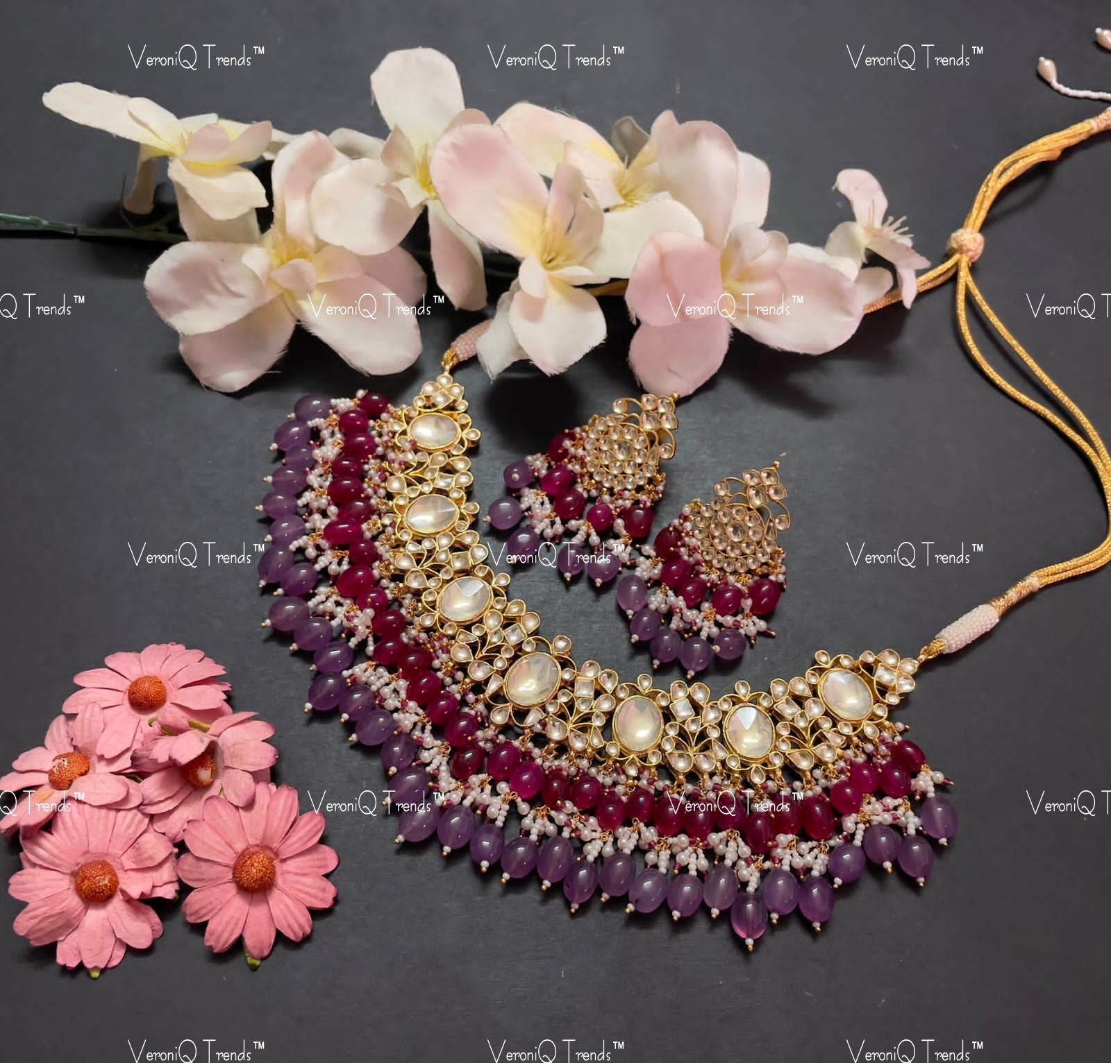 VeroniQ Trends-Rajwadi Style Pink And Blue Beads Gold Plated Pachi Kundan Necklace Kundan-Gold Plated-Wedding Jewellery-Punjabi Jewellery-South Indian-Thappa Jewellery
