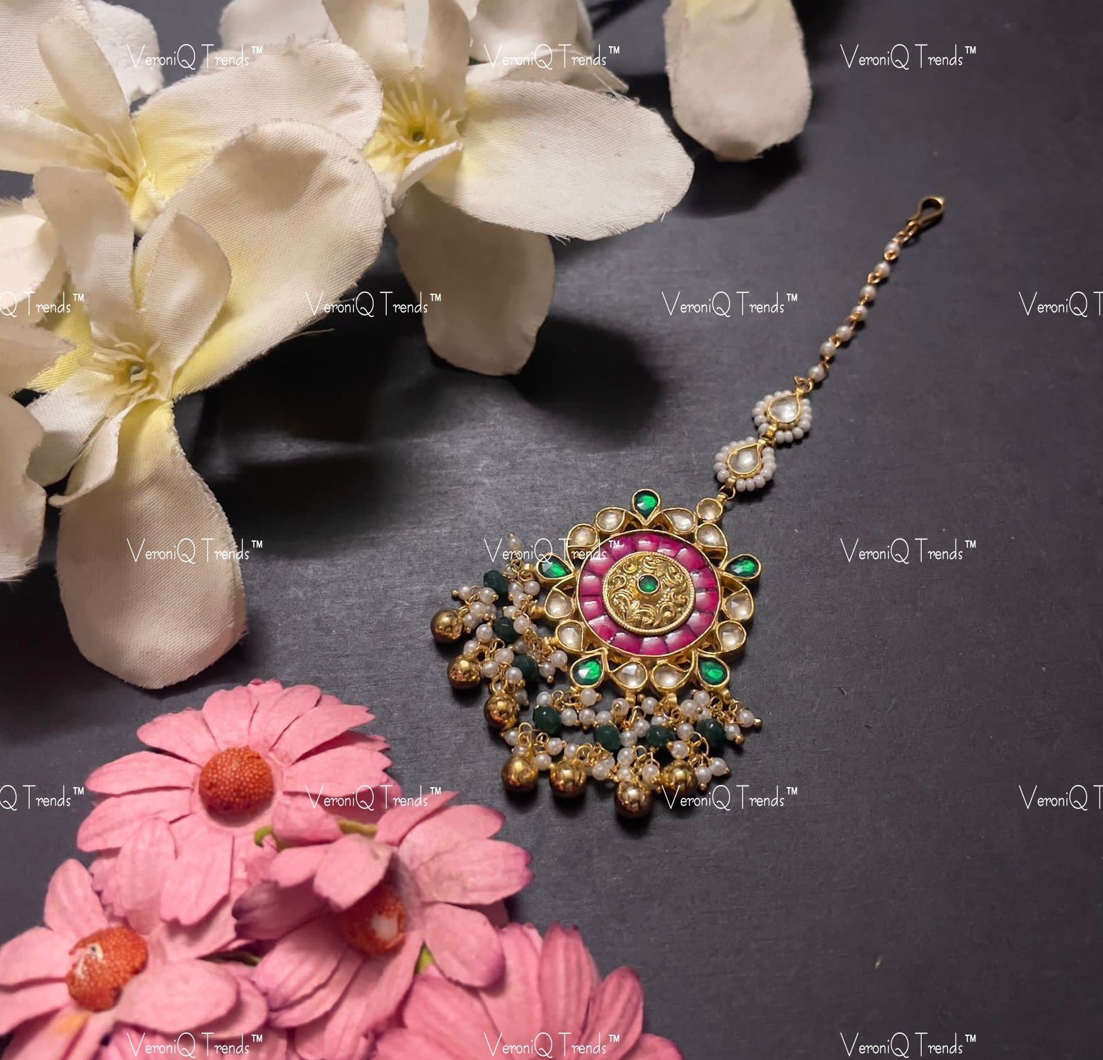 VeroniQ Trends-Kemp StoneGold Plated Pachi Kundan Maang Tika Pachi Kundan-Gold Plated-Wedding Jewellery-Punjabi Jewellery-South Indian-Thappa Jewellery
