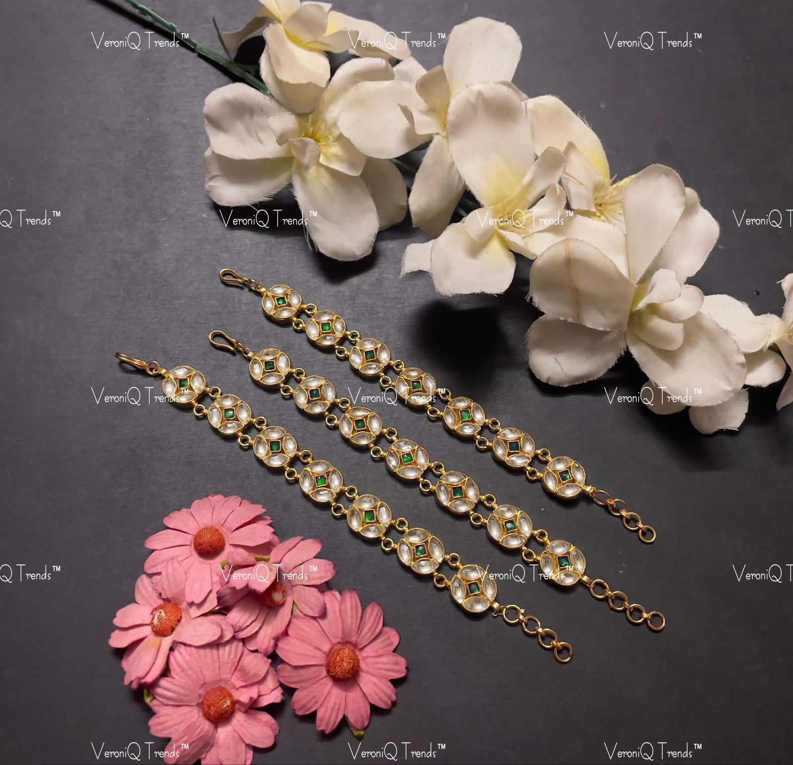 VeroniQ Trends-Floral Style Gold Plated Pachi Kundan Bracelet Pachi Kundan-Gold Plated-Wedding Jewellery-Punjabi Jewellery-South Indian-Thappa Jewellery