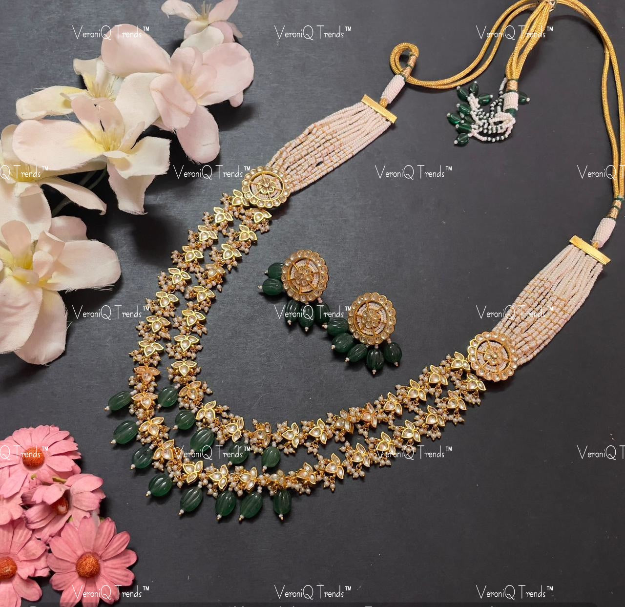 VeroniQ Trends-Double Line Gold Plated Multistrand Beaded Pachi Kundan Long Necklace With Green Beads Pachi Kundan-Gold Plated-Wedding Jewellery-Punjabi Jewellery-South Indian-Thappa Jewellery