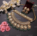 VeroniQ Trends-Traditional Gold Plated Pachi Kundan Choker and Mid length Necklace with Green Beads Pachi Kundan-Gold Plated-Wedding Jewellery-Punjabi Jewellery-South Indian-Thappa Jewellery