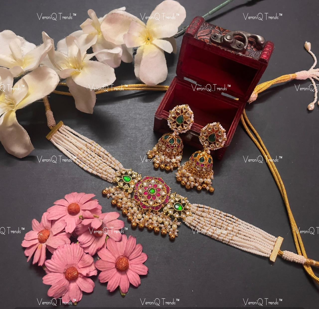 VeroniQ Trends-Multistrand Beaded Kemp Stone Gold Plated Pachi Kundan Choker Necklace Pachi Kundan-Gold Plated-Wedding Jewellery-Punjabi Jewellery-South Indian-Thappa Jewellery
