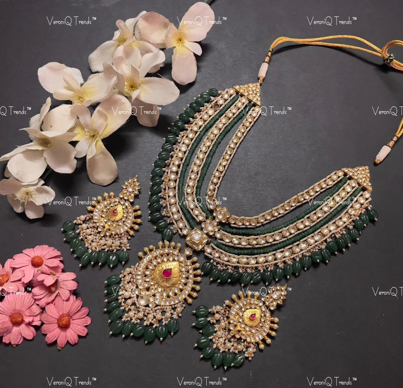 VeroniQ Trends-Bridal Multi-line Kundan Jadau Gold Plated Pachi Kundan Long Necklace With Green Beads Pachi Kundan-Gold Plated-Wedding Jewellery-Punjabi Jewellery-South Indian-Thappa Jewellery
