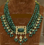 VeroniQ Trends-Multistrand Green Beaded Pachi Choker Necklace With Green Stone Pendant Pachi Kundan-Gold Plated-Wedding Jewelry-Punjabi Jewelry-South Indian-Thappa Jewelry