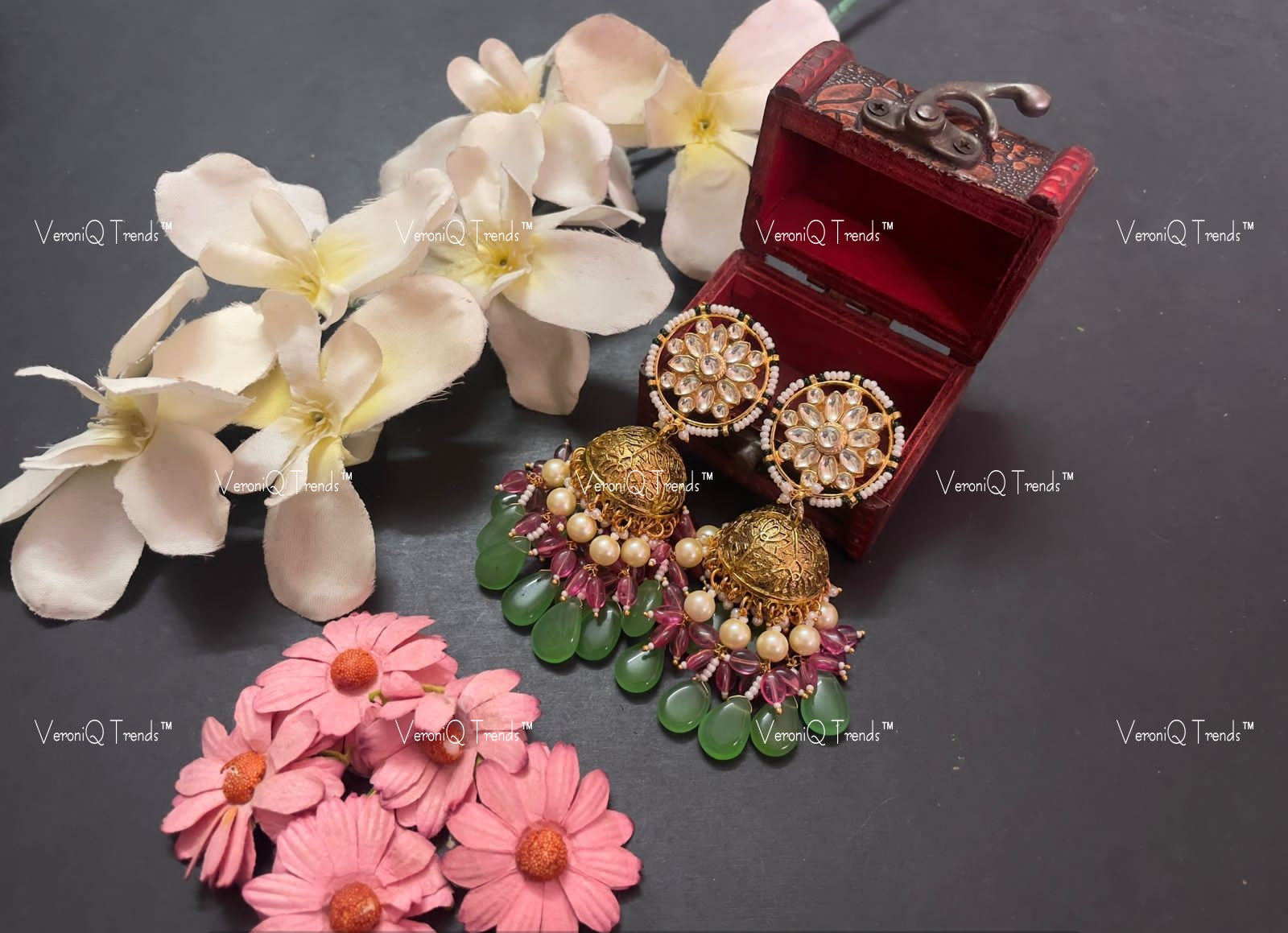 VeroniQ Trends-Gold Plated Pachi Kundan Jhumki Earrings With Green Beads Pachi Kundan-Gold Plated-Wedding Jewellery-Punjabi Jewellery-South Indian-Thappa Jewellery