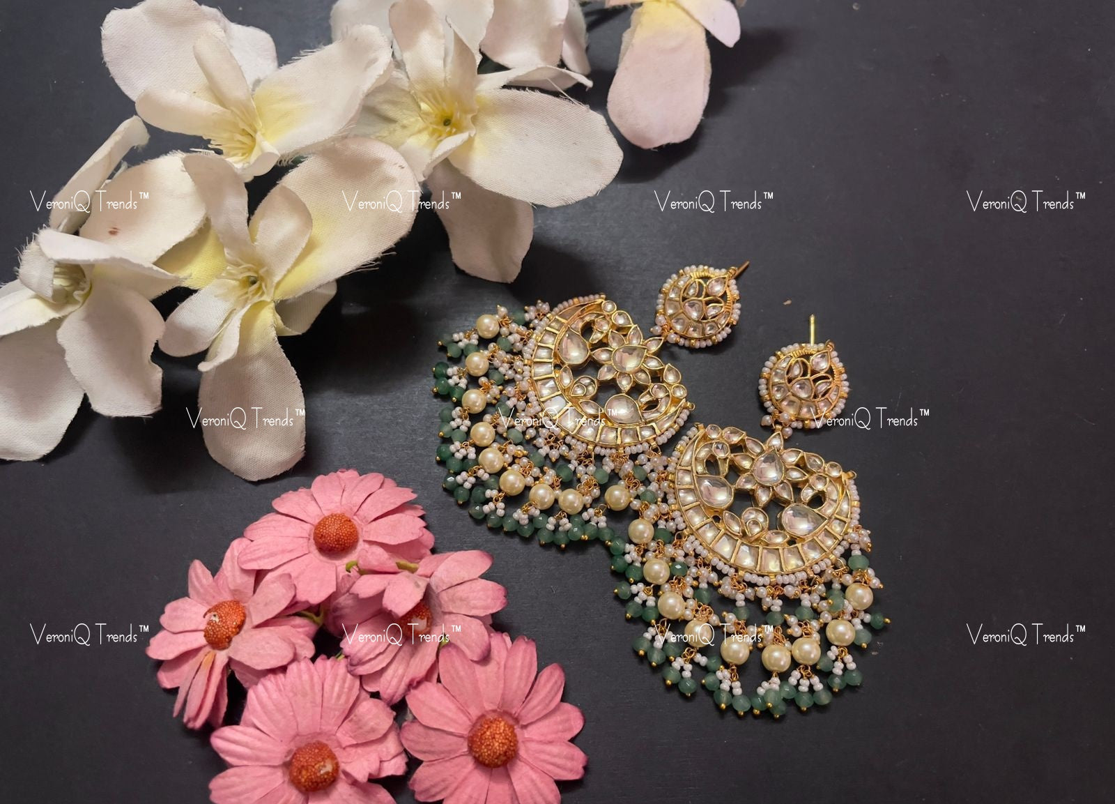 VeroniQ Trends-Traditional Gold Plated Pachi Kundan Chandbali Earrings Pachi Kundan-Gold Plated-Wedding Jewellery-Punjabi Jewellery-South Indian-Thappa Jewellery