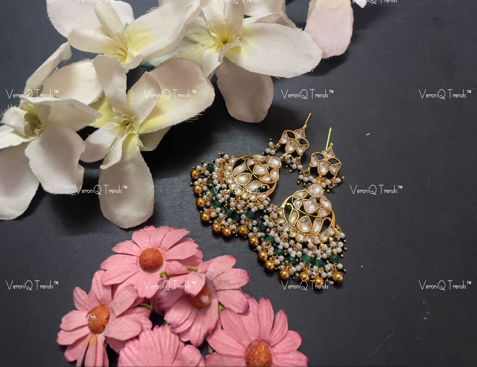 VeroniQ Trends-Traditional Gold Plated Pachi Kundan Chandbali Earrings Pachi Kundan-Gold Plated-Wedding Jewellery-Punjabi Jewellery-South Indian-Thappa Jewellery