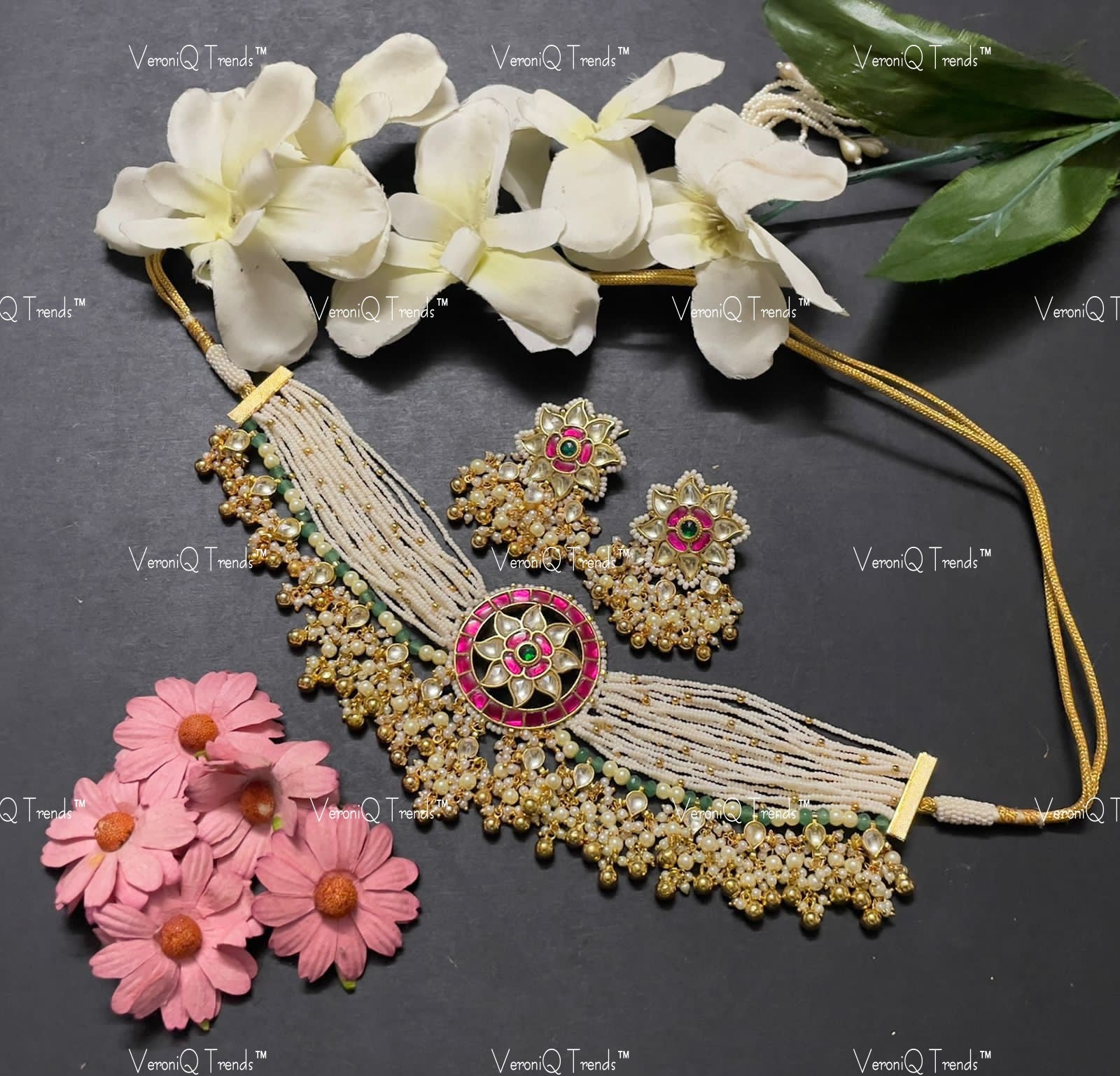 VeroniQ Trends-Multistrand Beaded Gold Plated Pachi Kundan Choker Necklace Pachi Kundan-Gold Plated-Wedding Jewellery-Punjabi Jewellery-South Indian-Thappa Jewellery