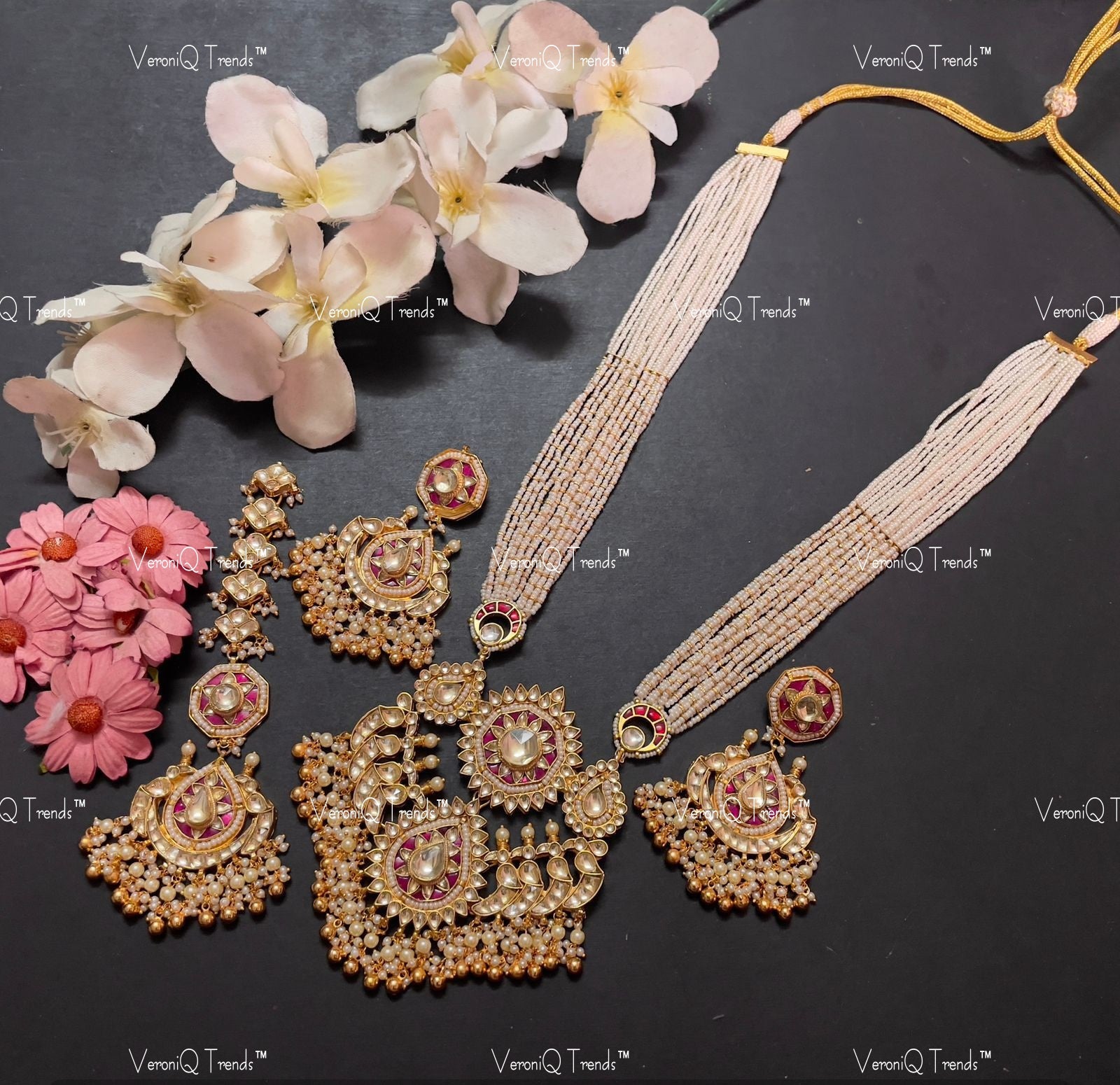 VeroniQ Trends-South Indian Bridal Gold Plated Pachi Kundan Long Rani Haar Necklace With Earrings and Maang Tika Pachi Kundan-Gold Plated-Wedding Jewellery-Punjabi Jewellery-South Indian-Thappa Jewellery