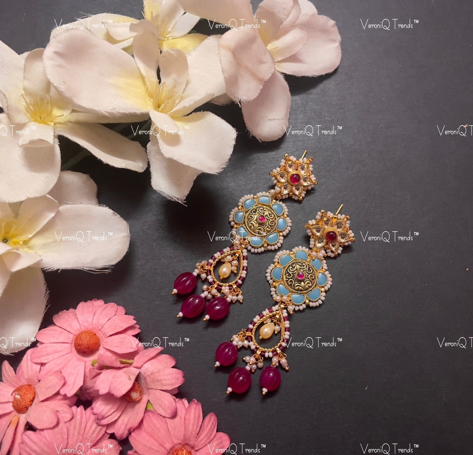 VeroniQ Trends-Turquoise Blue Gold Plated Pachi Kundan Earrings Pachi Kundan-Gold Plated-Wedding Jewellery-Punjabi Jewellery-South Indian-Thappa Jewellery