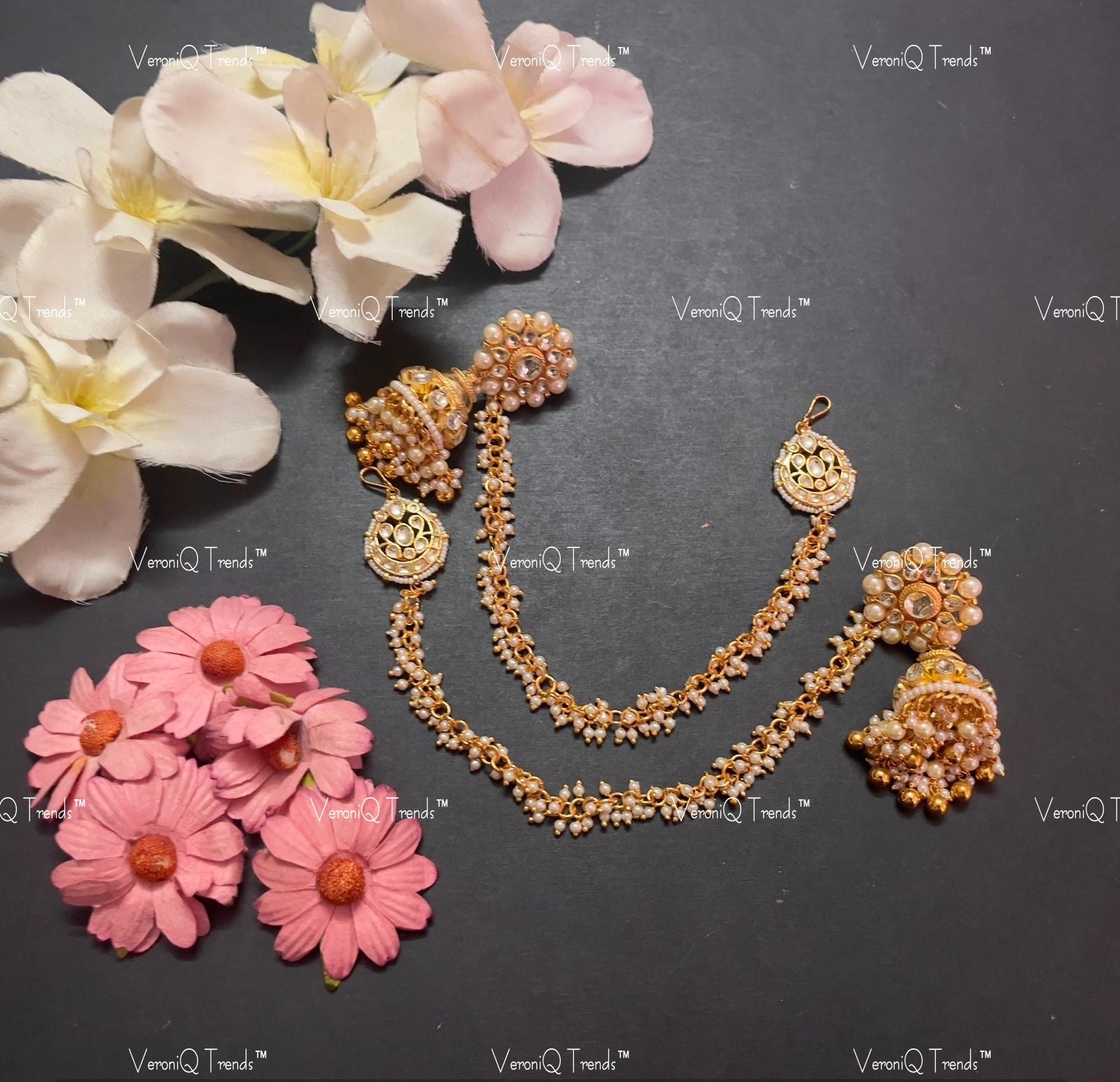 VeroniQ Trends-South Indian Gold Plated Pachi Kundan Jhumki Earrings Pachi Kundan-Gold Plated-Wedding Jewellery-Punjabi Jewellery-South Indian-Thappa Jewellery