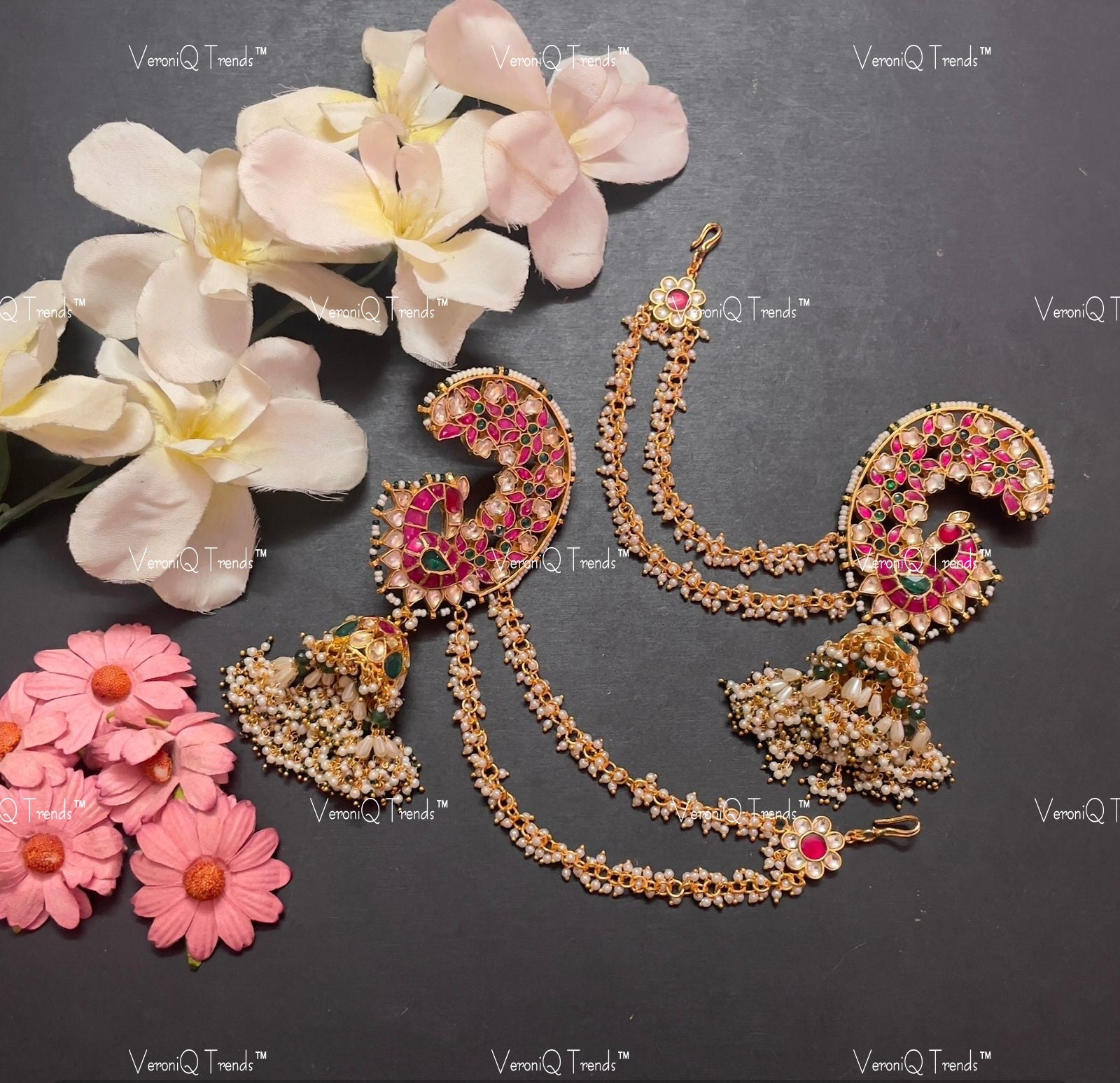 VeroniQ Trends-South Indian Bahubali Style Kemp Stone Gold Plated Pachi Kundan Earrings Pachi Kundan-Gold Plated-Wedding Jewellery-Punjabi Jewellery-South Indian-Thappa Jewellery
