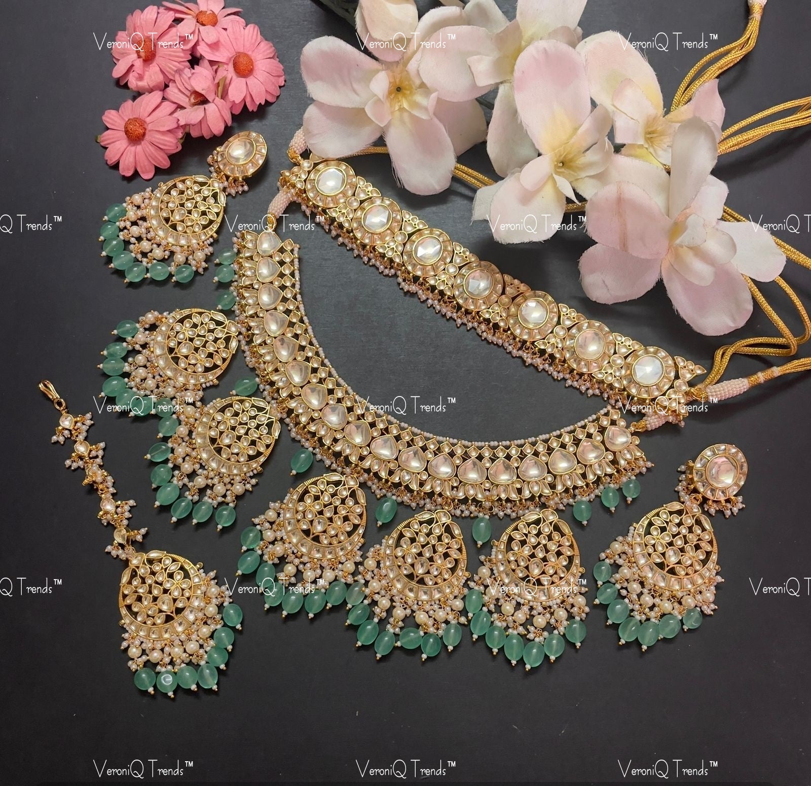 VeroniQ Trends-Bridal Gold Plated Pachi Kundan Choker and Mid length Necklace with Earrings and Maang Tika Pachi Kundan-Gold Plated-Wedding Jewellery-Punjabi Jewellery-South Indian-Thappa Jewellery