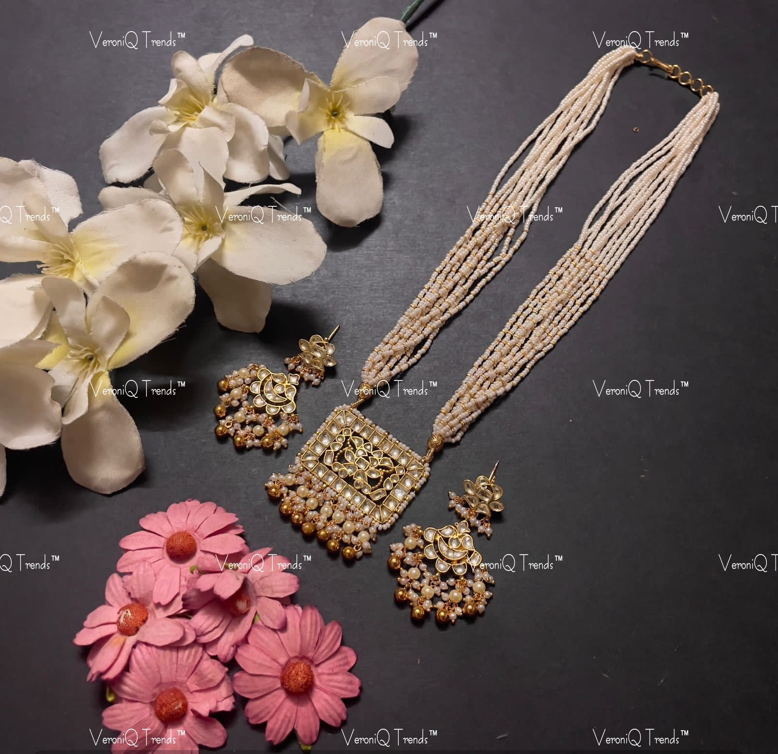 VeroniQ Trends-Traditional Multistrand Beaded Gold Plated Pachi Kundan Long Pendant Necklace Pachi Kundan-Gold Plated-Wedding Jewellery-Punjabi Jewellery-South Indian-Thappa Jewellery
