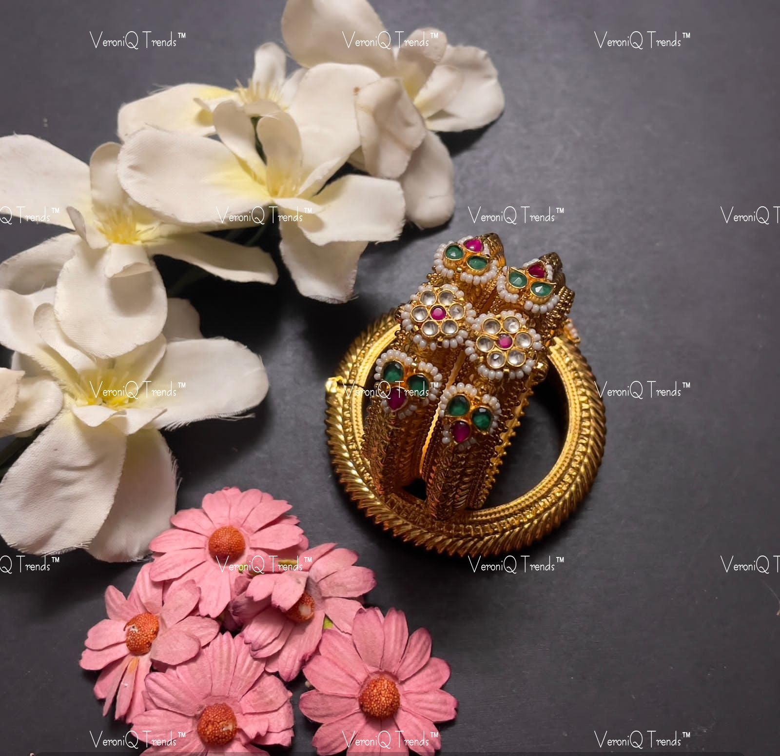 VeroniQ Trends-Kemp Stone Gold Plated Pachi Kundan Bangles Pachi Kundan-Gold Plated-Wedding Jewellery-Punjabi Jewellery-South Indian-Thappa Jewellery