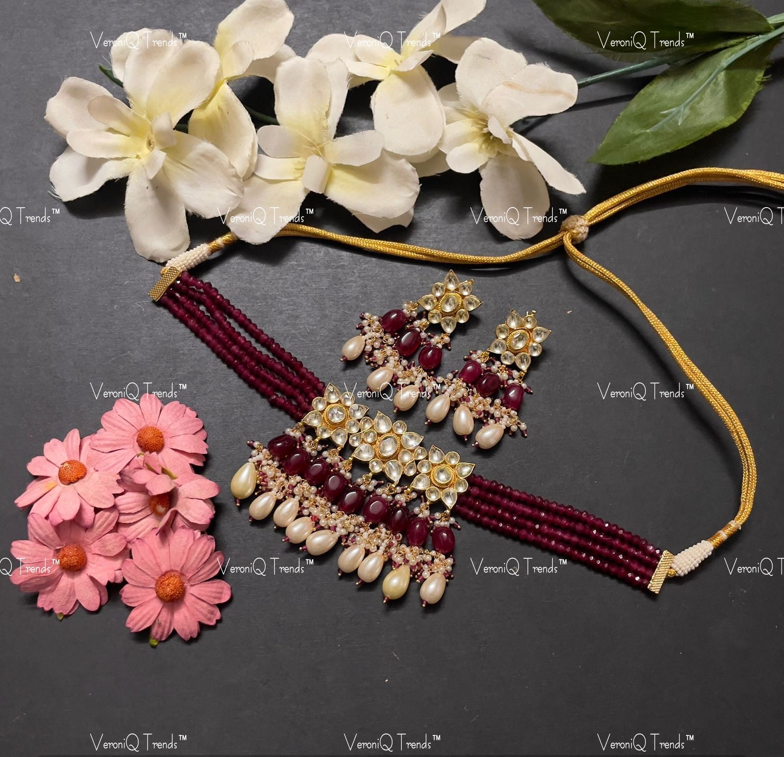 VeroniQ Trends-Traditional Multistrand Red Beaded Gold Plated Red Stone Pachi Kundan Choker Necklace Pachi Kundan-Gold Plated-Wedding Jewellery-Punjabi Jewellery-South Indian-Thappa Jewellery