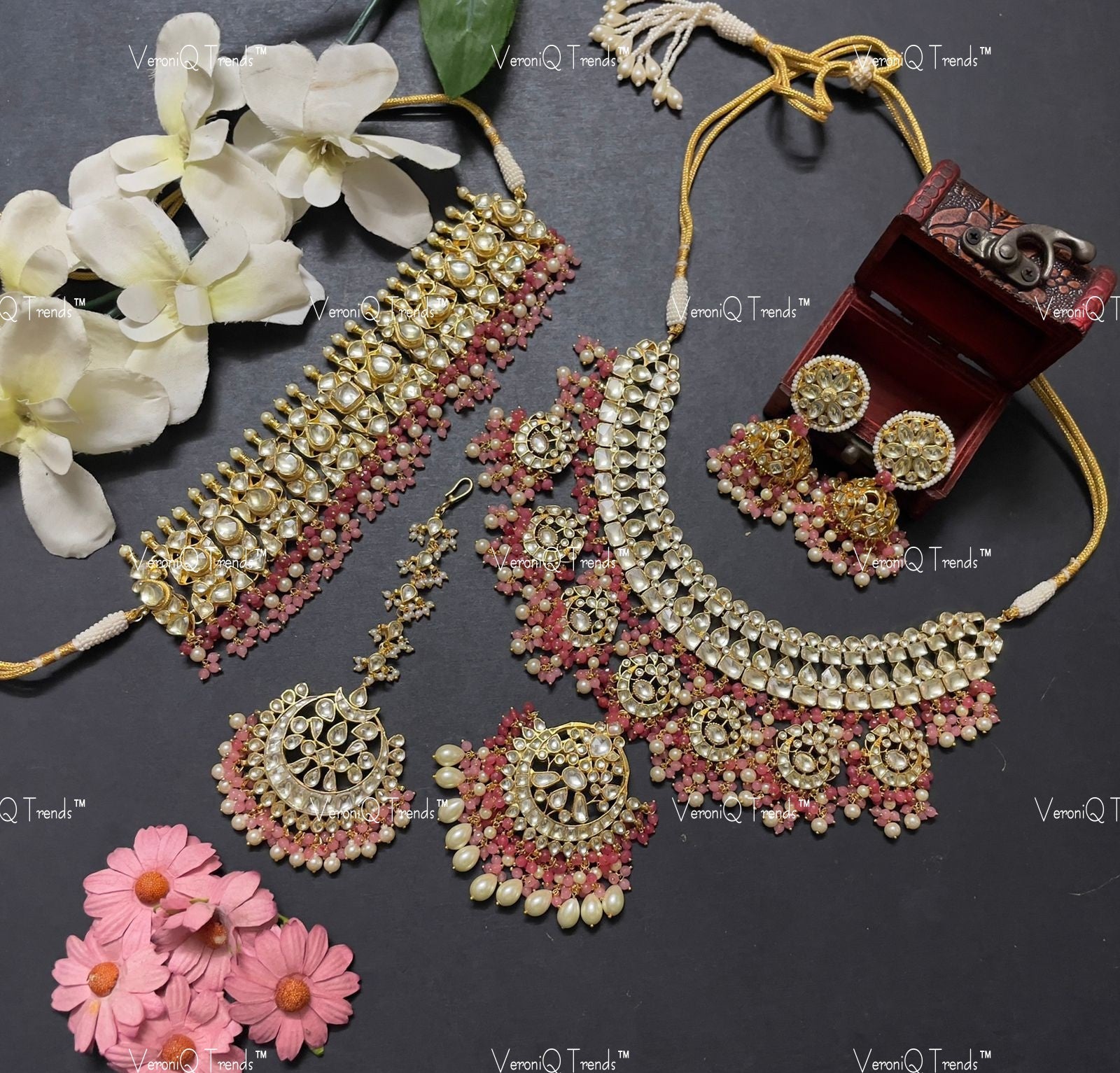 VeroniQ Trends-Bridal Gold Plated Pachi Kundan Choker And Long Necklace With Jhumki Earrings and Maang Tika Pachi Kundan-Gold Plated-Wedding Jewellery-Punjabi Jewellery-South Indian-Thappa Jewellery