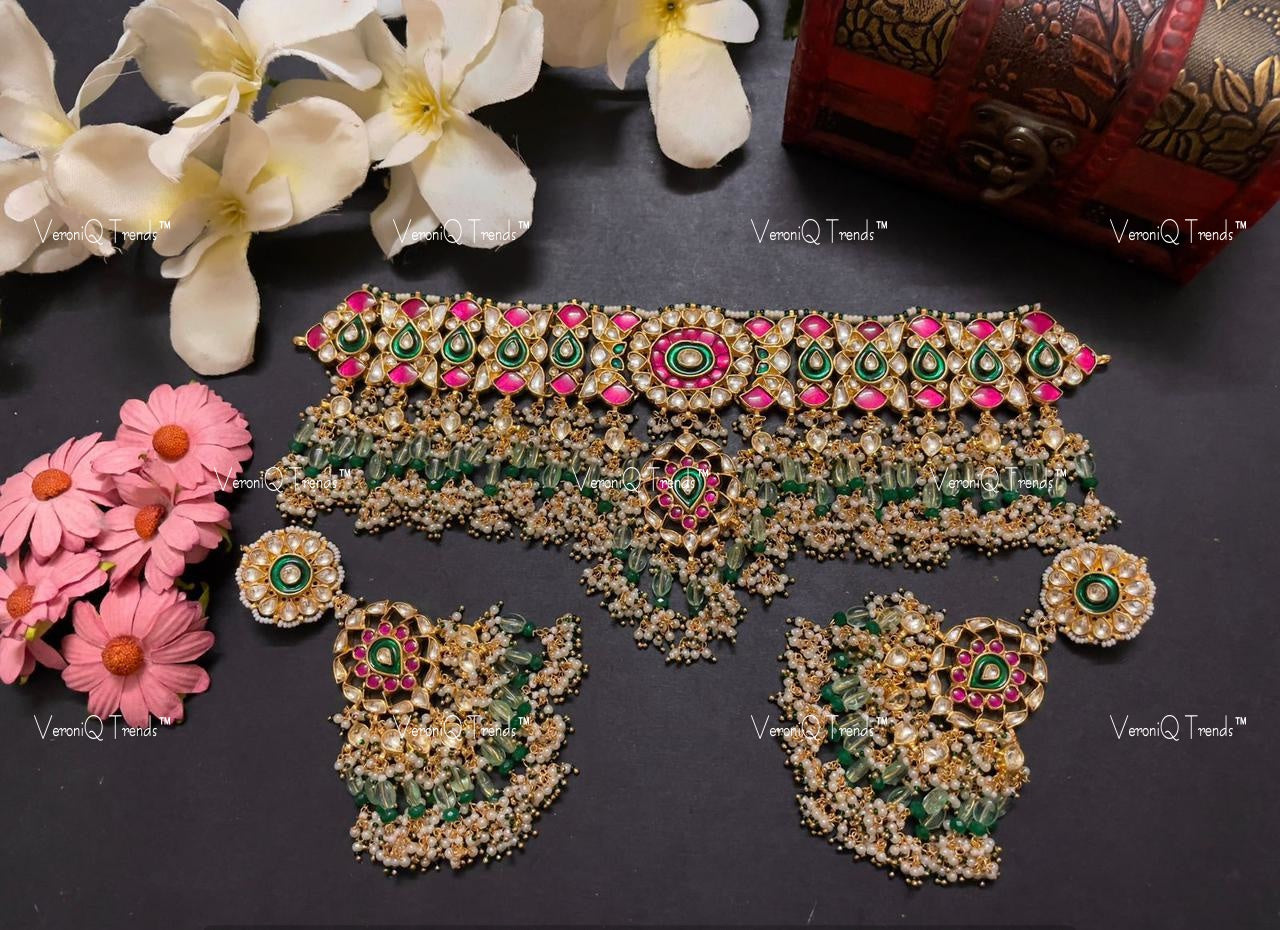 VeroniQ Trends-Traditional Kemp Stone Gold Plated Pachi Kundan Choker Necklac Pachi Kundan-Gold Plated-Wedding Jewellery-Punjabi Jewellery-South Indian-Thappa Jewellery