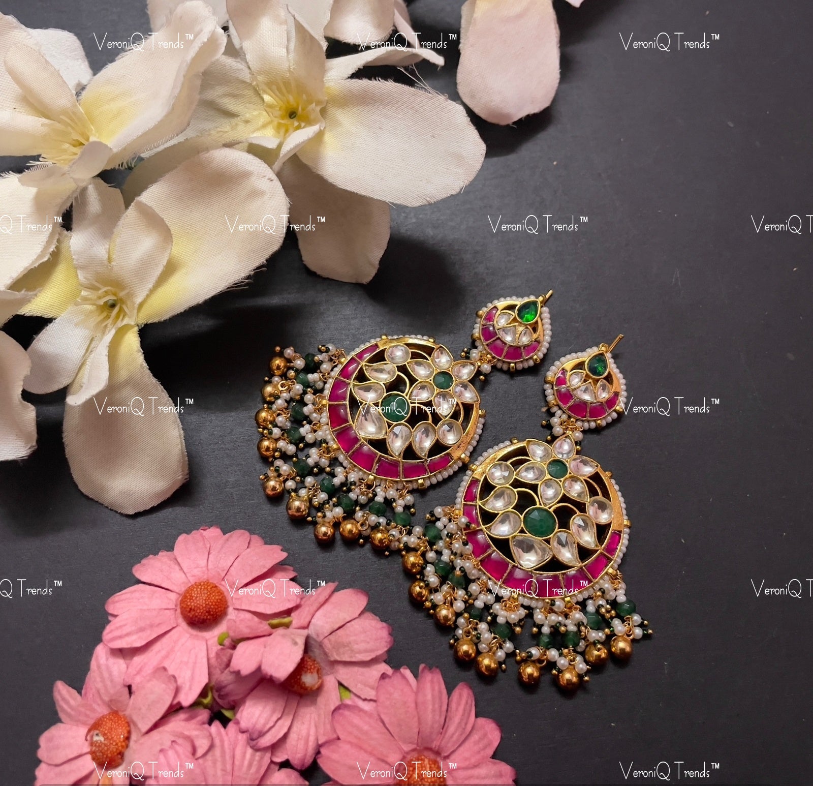 VeroniQ Trends-Traditional Kemp Stone Gold Plated Pachi Kundan Chandbali Earrings Pachi Kundan-Gold Plated-Wedding Jewellery-Punjabi Jewellery-South Indian-Thappa Jewellery