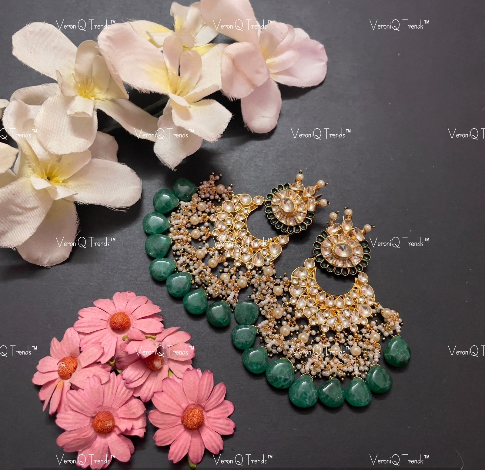 VeroniQ Trends-Traditional Gold Plated Pachi Kundan Chandbali Earrings With Green Beads Pachi Kundan-Gold Plated-Wedding Jewellery-Punjabi Jewellery-South Indian-Thappa Jewellery