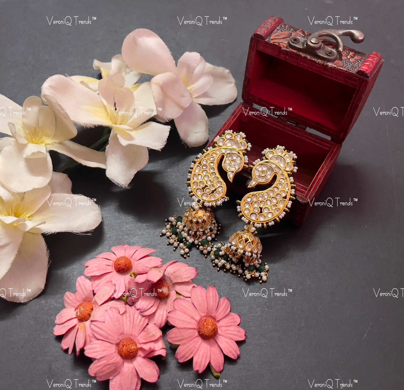 VeroniQ Trends-Peacock Style Gold Plated Pachi Kundan Jhumki Earrings Pachi Kundan-Gold Plated-Wedding Jewellery-Punjabi Jewellery-South Indian-Thappa Jewellery