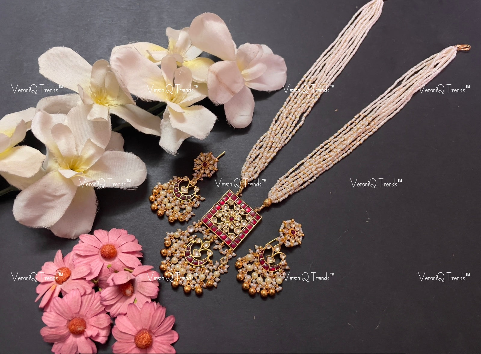 VeroniQ Trends-Multistrand Gold Plated Pachi Kundan Long Necklace Pachi Kundan-Gold Plated-Wedding Jewellery-Punjabi Jewellery-South Indian-Thappa Jewellery