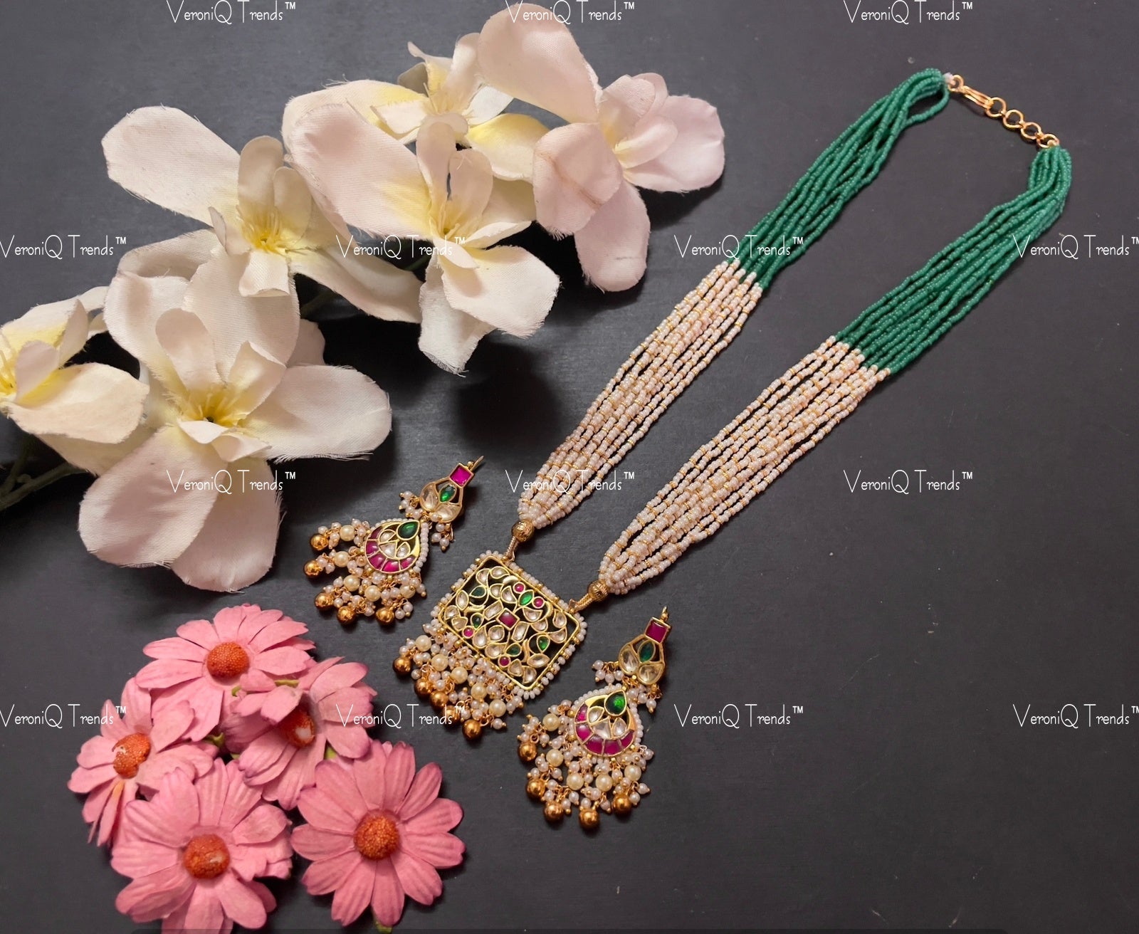 VeroniQ Trends-Multistrand Kemp Stone Gold Plated Pachi Kundan Long Necklace Pachi Kundan-Gold Plated-Wedding Jewellery-Punjabi Jewellery-South Indian-Thappa Jewellery