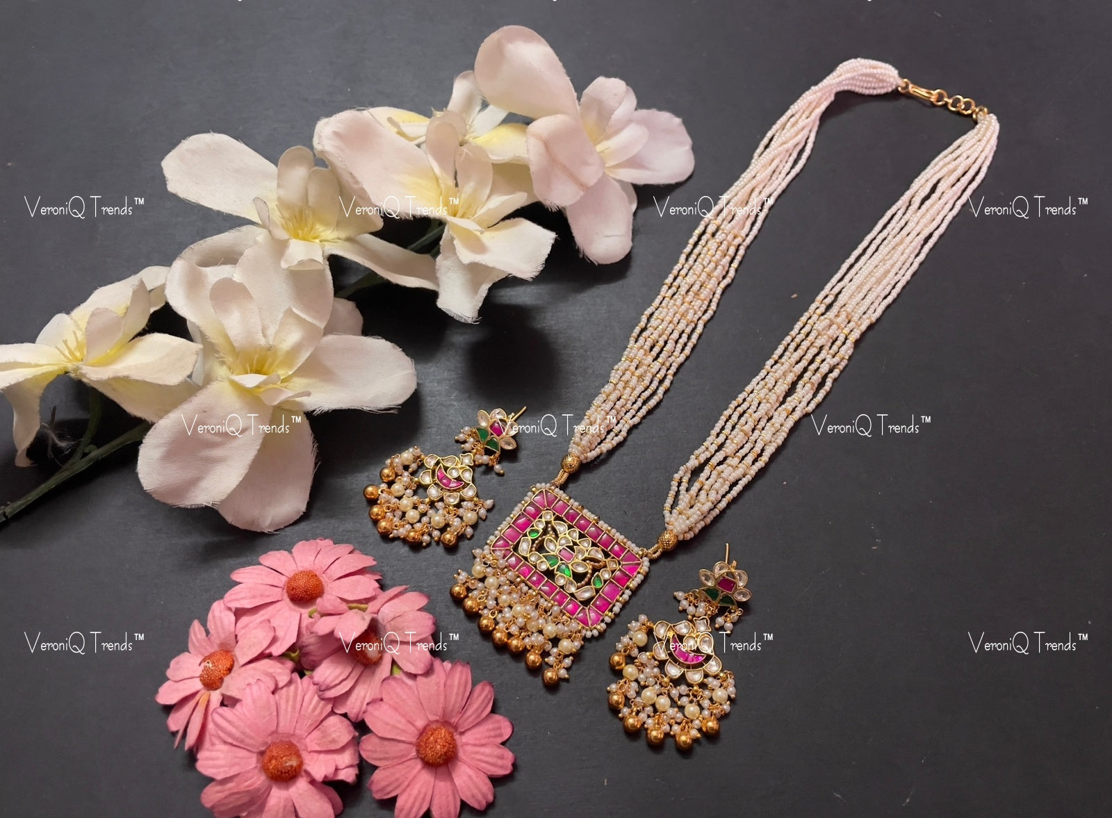 VeroniQ Trends-Traditional Multistrand Kemp Stone Gold Plated Pachi Kundan Long Necklace Pachi Kundan-Gold Plated-Wedding Jewellery-Punjabi Jewellery-South Indian-Thappa Jewellery