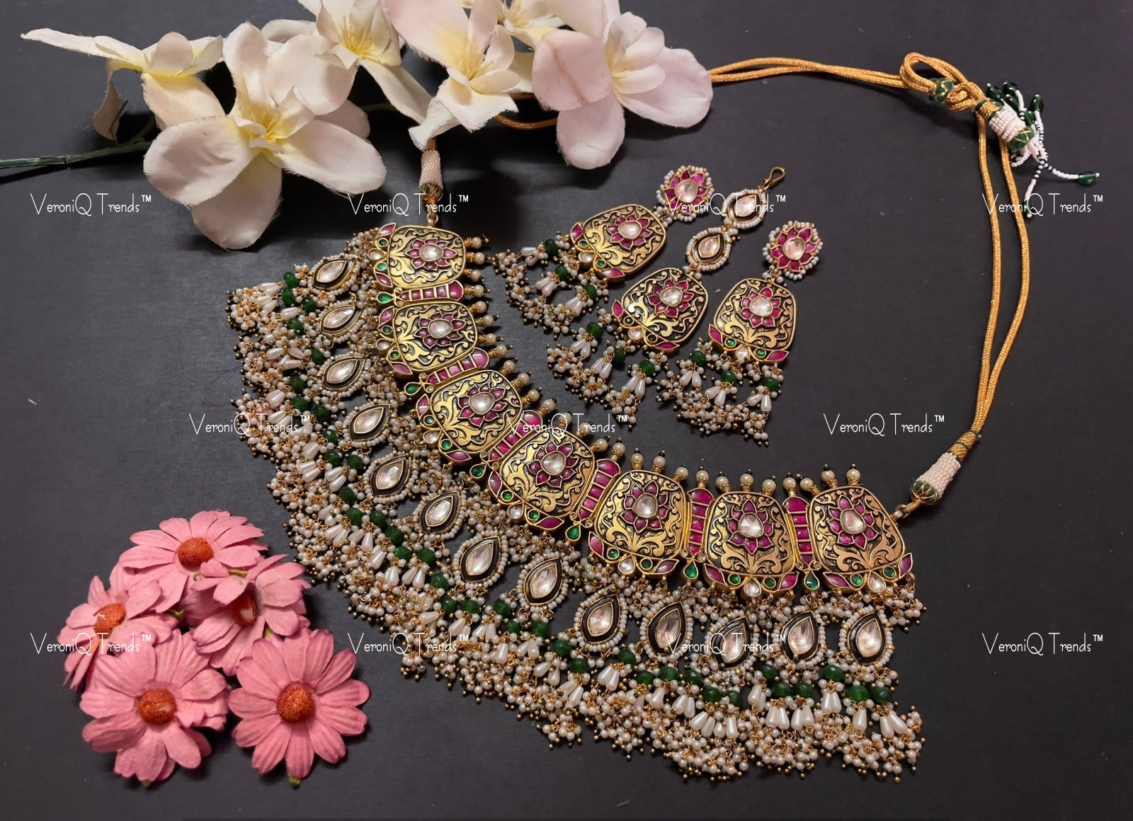 VeroniQ Trends-Royal Gold Plated Pachi Kundan Kemp Stone Necklace Pachi Kundan-Gold Plated-Wedding Jewellery-Punjabi Jewellery-South Indian-Thappa Jewellery