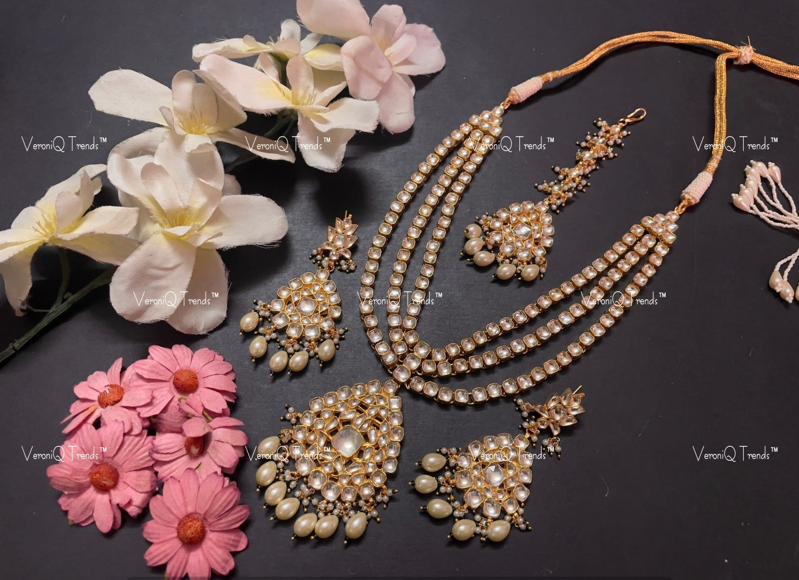 VeroniQ Trends-Multi-Line Gold Plated Kundan Jadau Pachi Kundan Kem Long Necklace Pachi Kundan-Gold Plated-Wedding Jewellery-Punjabi Jewellery-South Indian-Thappa Jewellery