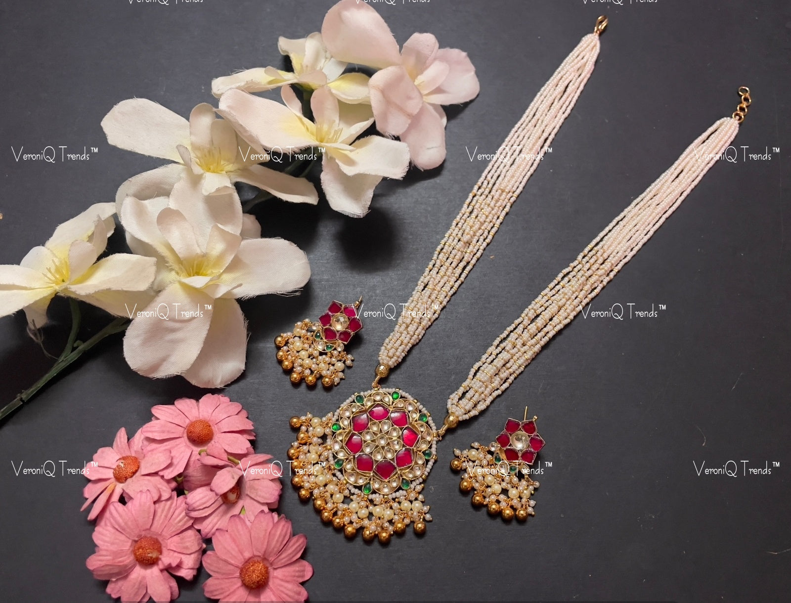 VeroniQ Trends-Traditional Multistrand Kemp Stone Gold Plated Pachi Kundan Round Pendant Long Necklace Pachi Kundan-Gold Plated-Wedding Jewellery-Punjabi Jewellery-South Indian-Thappa Jewellery
