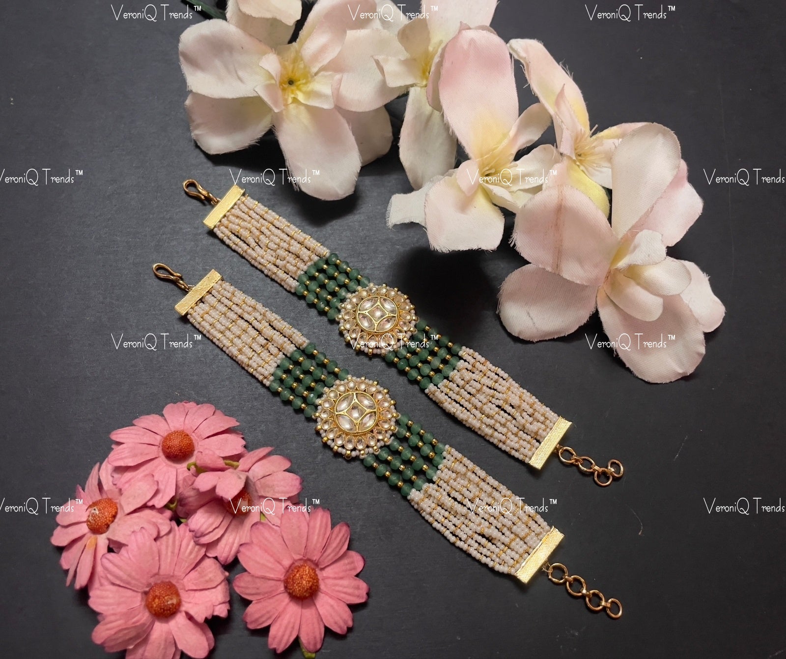 VeroniQ Trends-Multistrand Beaded Gold Plated Pachi Kundan Bracelet Pachi Kundan-Gold Plated-Wedding Jewellery-Punjabi Jewellery-South Indian-Thappa Jewellery