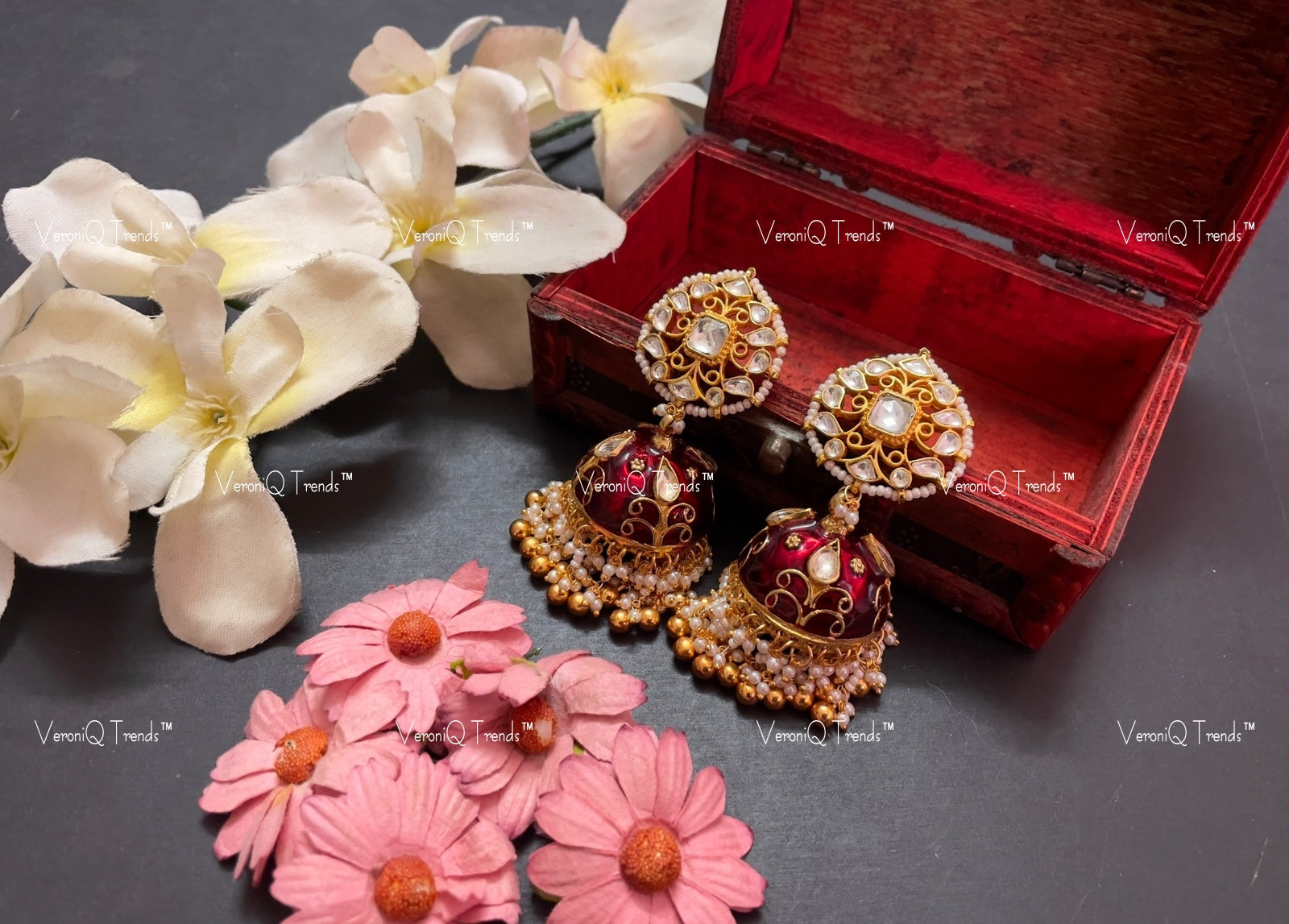 VeroniQ Trends-Red Kemp Stone Gold Plated Pachi Kundan Jhumki Earrings Pachi Kundan-Gold Plated-Wedding Jewellery-Punjabi Jewellery-South Indian-Thappa Jewellery