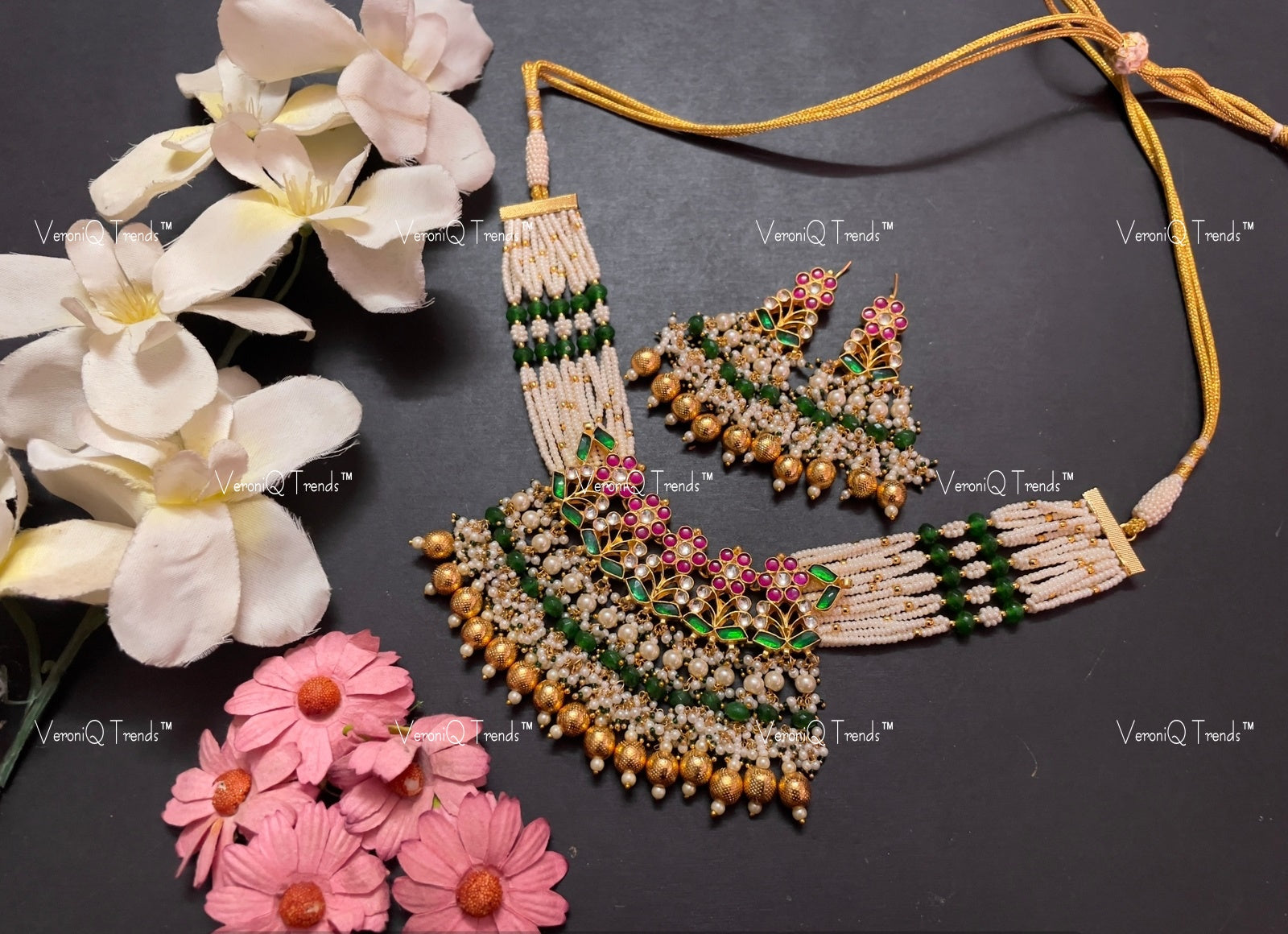 VeroniQ Trends-Multistrand Kemp Stone Gold Plated Pachi Kundan Choker Necklace Pachi Kundan-Gold Plated-Wedding Jewellery-Punjabi Jewellery-South Indian-Thappa Jewellery