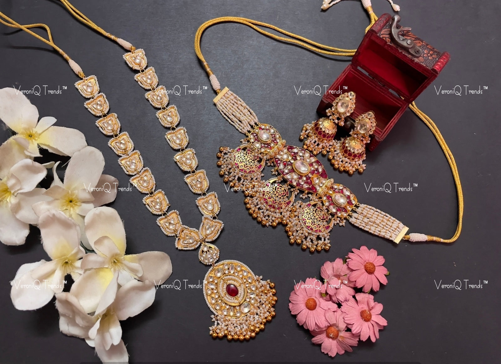 VeroniQ Trends-Multistrand Kemp Stone Gold Plated Pachi Kundan Choker And Long Necklace With Earrings Pachi Kundan-Gold Plated-Wedding Jewellery-Punjabi Jewellery-South Indian-Thappa Jewellery