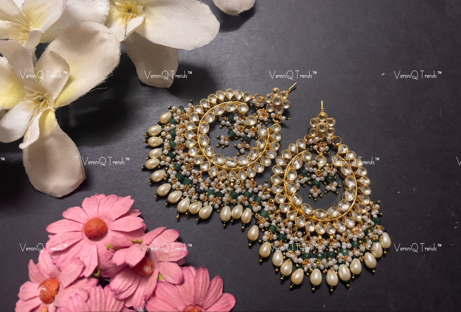 VeroniQ Trends-Traditional Gold Plated Pachi Kundan Chandbali Earrings Pachi Kundan-Gold Plated-Wedding Jewellery-Punjabi Jewellery-South Indian-Thappa Jewellery