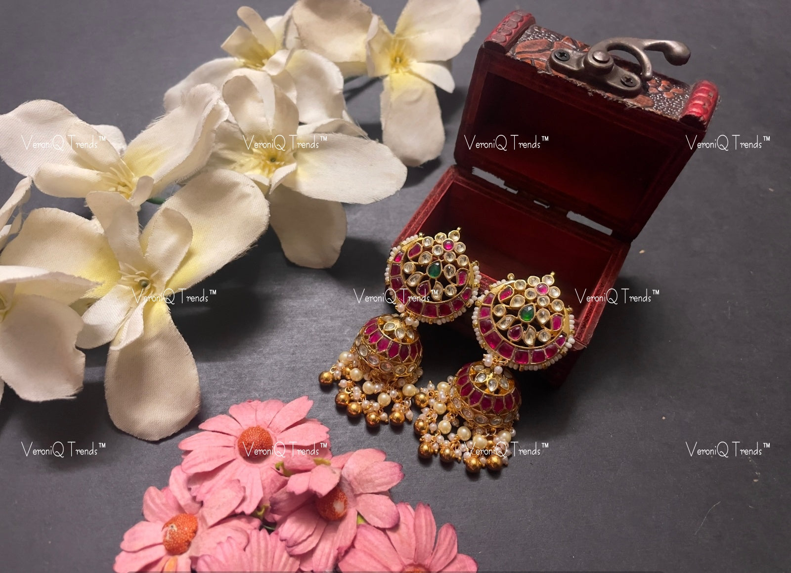 VeroniQ Trends-Traditional Kemp Stone Gold Plated Pachi Kundan Chandbali And Jhumki Earrings Pachi Kundan-Gold Plated-Wedding Jewellery-Punjabi Jewellery-South Indian-Thappa Jewellery