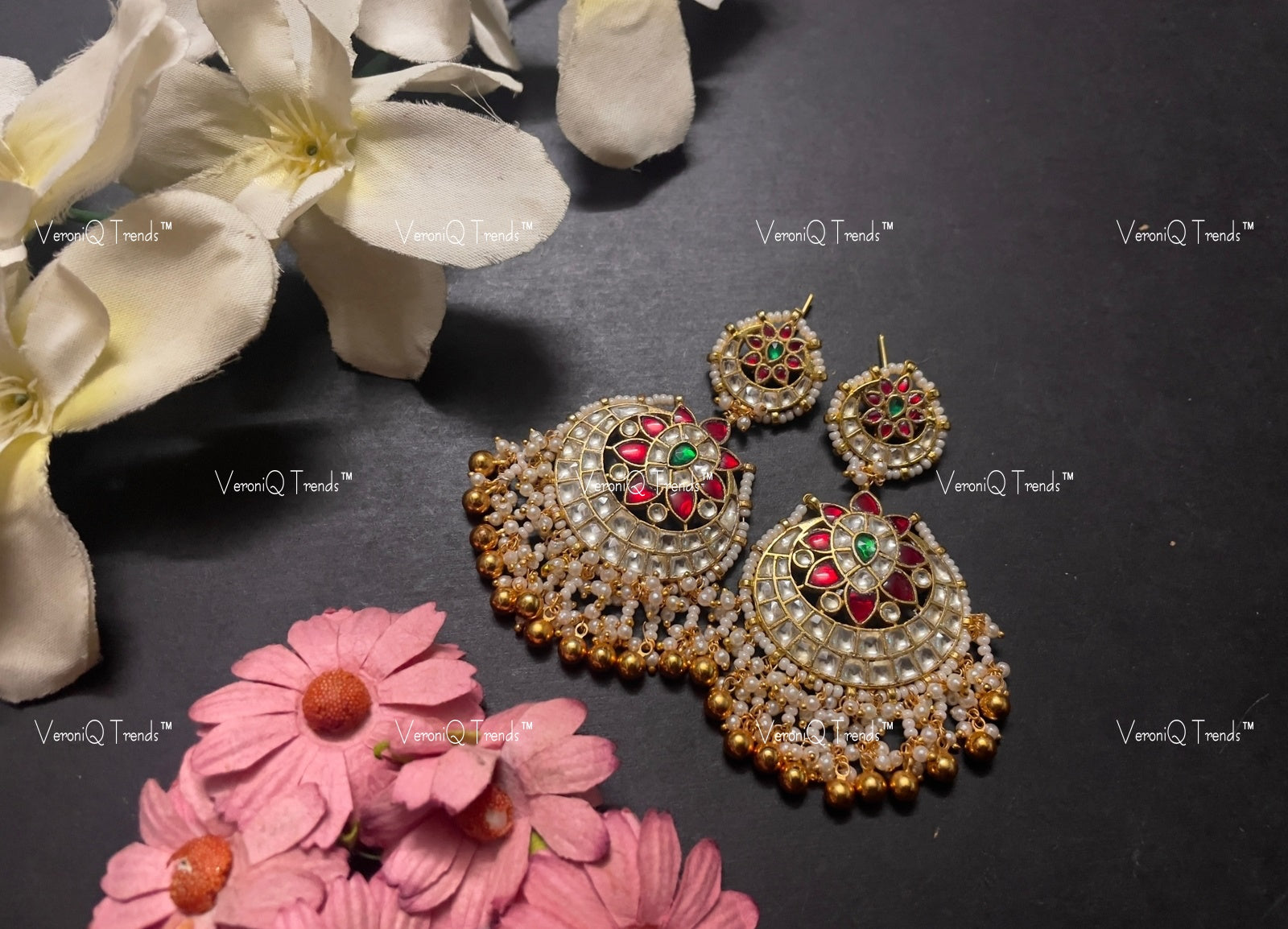 VeroniQ Trends-Royal Kemp Stone Gold Plated Pachi Kundan Chandbali Earrings Pachi Kundan-Gold Plated-Wedding Jewellery-Punjabi Jewellery-South Indian-Thappa Jewellery